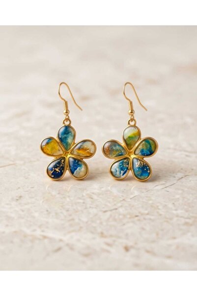 Dodemert Home Maviş Gold Papatya Polymer Clay & Epoxy Handmade Earrings