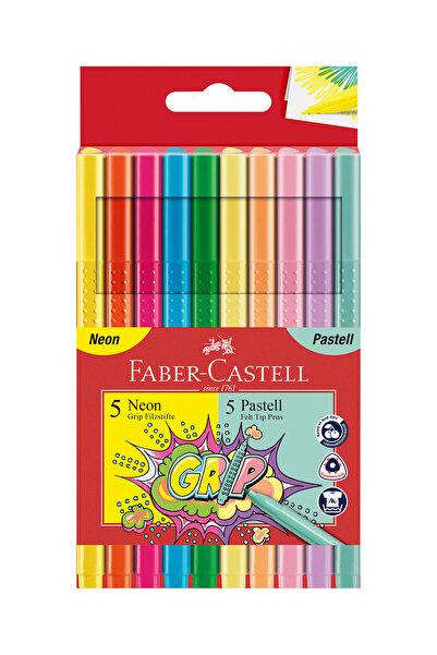 Faber Castell Keçeli Kalem,Neon,Pastel 10'lu,Ergonomik Üçgen Şekil,Canlı Renkler