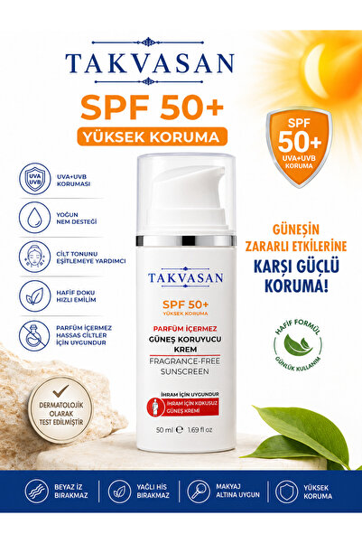 Takvasan Hac ve Umre İçin İhrama Uygun SPF 50+ Parfümsüz Güneş Kremi 50 ml