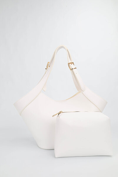 NOTHING Women's White Medium Size Makeup Bag with Belt Strap Detail, Hand and...