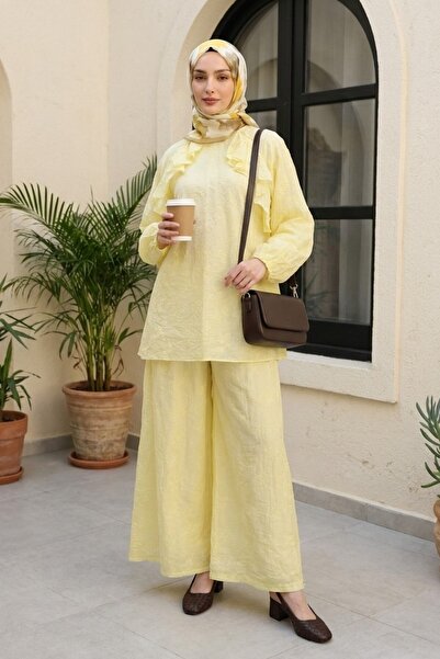 Modamorfo Crew Neck Ruffled Front Lined Voile Suit with Elastic Sleeves - Yellow