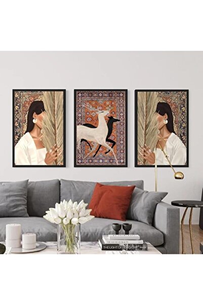 GENERAL Triple Wall Art with Black Frame, Modern Oriental Design, 120x80 cm |...