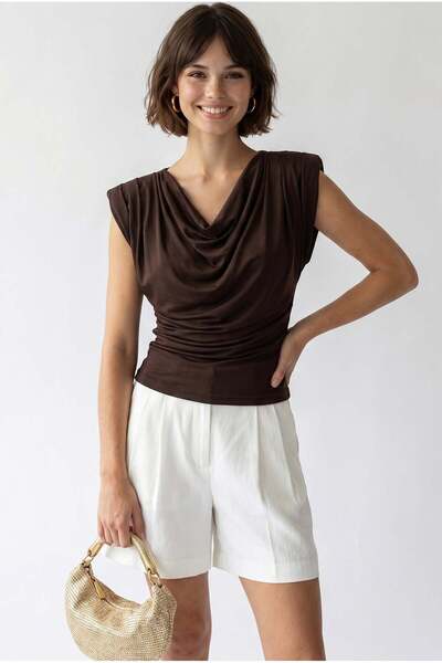 Mixray 2133 Women's Padded Collar Slim Fit Sleeveless Blouse Brown