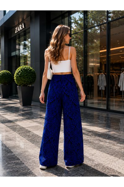 MİRA BUTİK Women's Cobalt Blue Patterned Elastic Waist Wide Leg Viscose Pants Pajama Bottoms