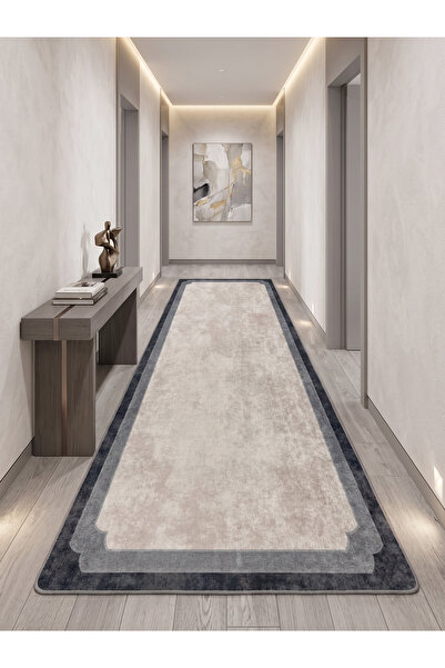 Brillant Krem Gri Çerçeve Kenarlı Modern Desenli Lateks Taban Halı