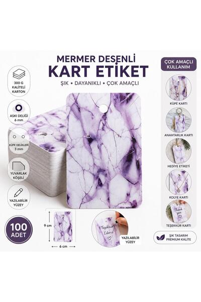 naturevo 100 Adet Mor Mermer Desenli Takı Kartı 6x9 cm - 300 Gr Kalın Karton ...