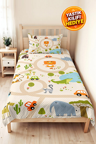 Evimde Bambaşka Safari Animal Beige Children's Room Single Pique Set-Pastel O...