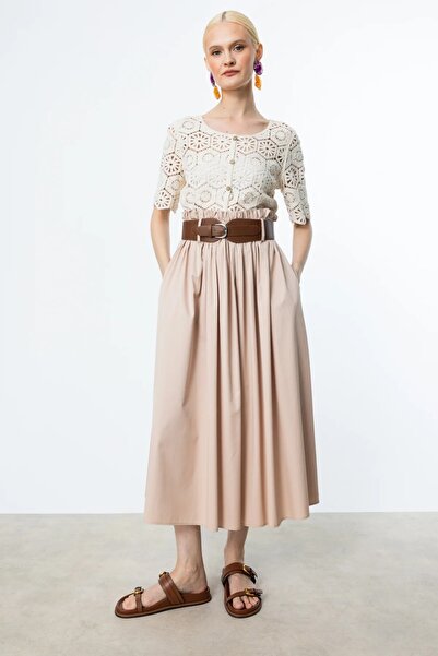 Ekol Belted Cotton Midi Skirt Sand 1054