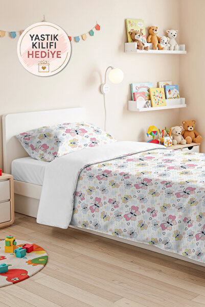 Evimde Bambaşka Pink Butterfly Girl's Decorative Pique Set - Pastel Hearts Ba...