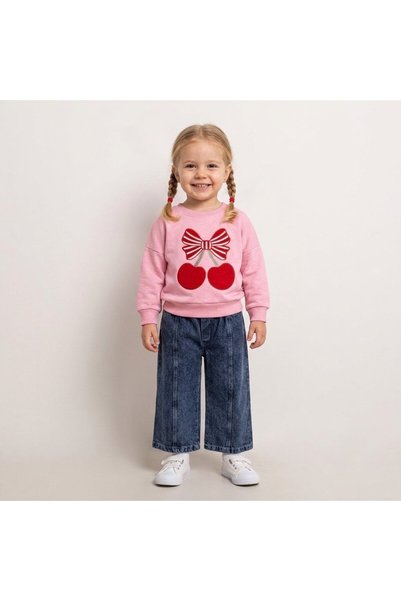 Bulut Sezen Bottom-Top-Long Sleeve-Cherry Embroidery Detailed Denim Set 2-Piece-Girls-White Pink