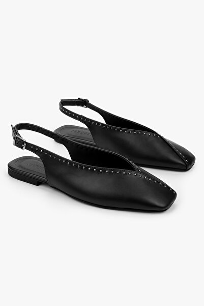 Shoeberry Women's Nayela Black Leather Troklu Ballerinas