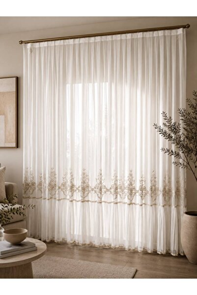 CASA NATURALE Tulle Curtain with Embroidery on Greek Background, Classic Curt...