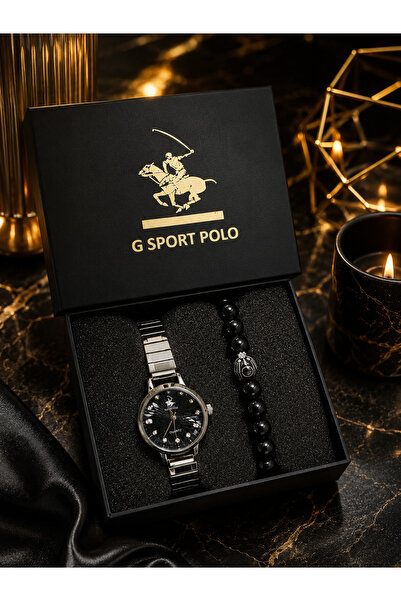 G Sport POLO ساعة يد نسائية ومجموعة هدايا من أساور الخرز الأسود - قرص بنمط نج...