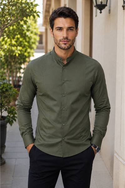 Bravis collection Dar Kesim Slimfit Uzunkol Hakim Yaka İpek Çıtçıtlı Saten Gö...