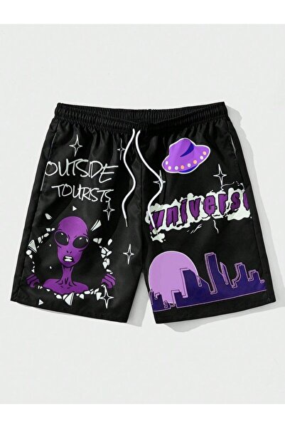 COZYWEAR Space Themed Printed Black Shorts