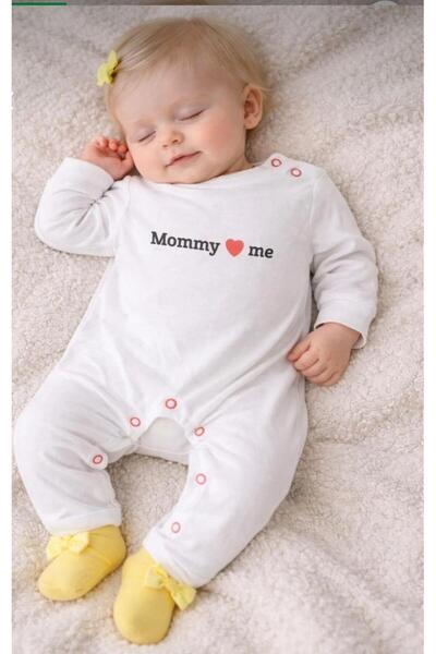 AYKİDSCLUP Baby Romper White Mommy Love Me Printed Snap Fastener Long Sleeve ...