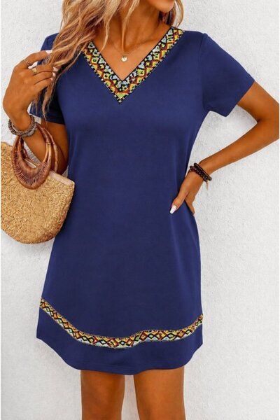 Generic Brand Women's Short Sleeve V-Neck Ethnic Pattern Stripe Detailed Visc...