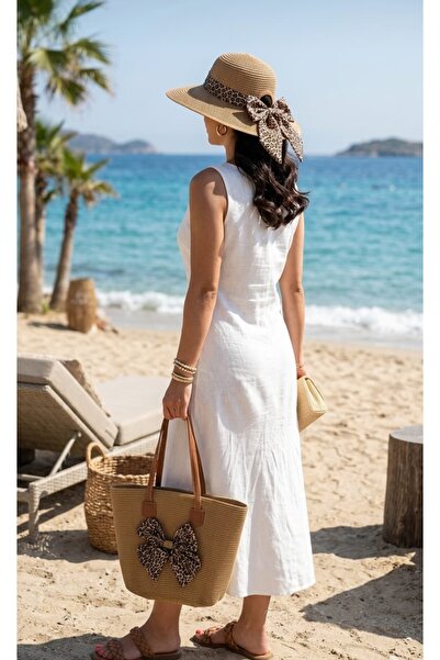 Kervan Pazar Women's Leopard Bow Straw Bag and Hat Set