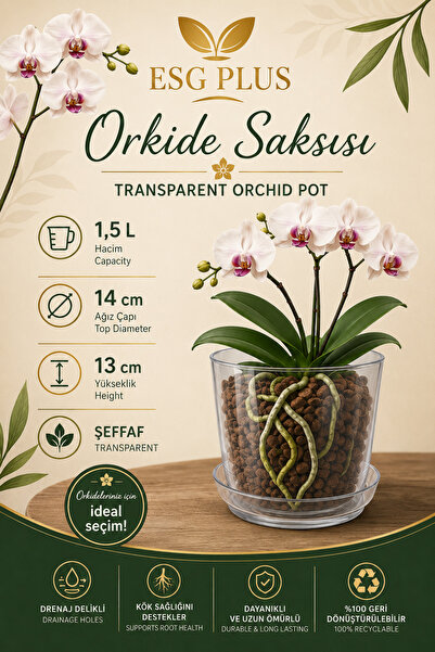 ESG PLUS Cookie Şeffaf Orkide Saksısı 1,5 L | 14 cm Orkide Saksısı | Drenaj D...