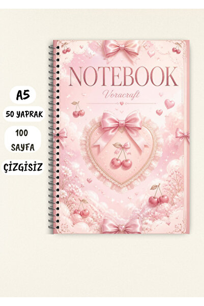 VORACRAFT Kalpli Kiraz Temalı Not Defteri 50 Yaprak /100 Sayfa, A5 / Tel Spir...