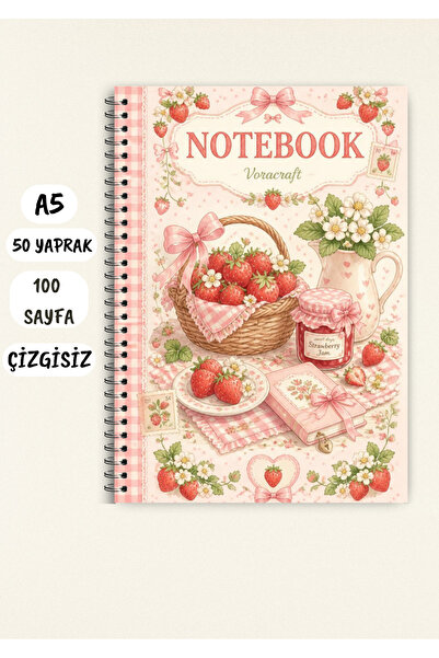 VORACRAFT Çilek Temalı Not Defteri 50 Yaprak /100 Sayfa, A5 / Tel Spiral CZGS...