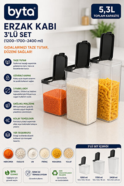 BYTA 3-Piece Food Storage Container Set 5.3 L Transparent Plastic Food Storag...