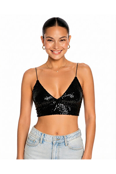 Noxu Atelier Payetli İp Askılı V Yaka Crop Bralet