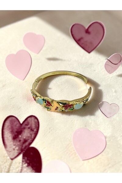 ahsenaksesuar2025 Turquoise Shell Red Star and Sea Motif Colorful Enamel Steel Handcuff Bracelet - Does Not Tarnish