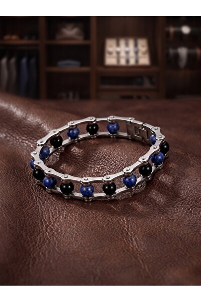 Parmas Design Onyx and Agate Stone Steel Men's Gift Premium Bracelet 01871