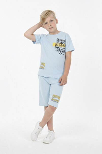 ALKINKİDS 3-12 Years Old Boys' Tiger Printed 100% Cotton Short Sleeve Shorts Set