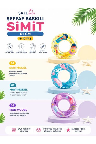 SAZE 61 cm Transparent Printed Children's Sea Ring 6-10 Years Old |   Colorfu...