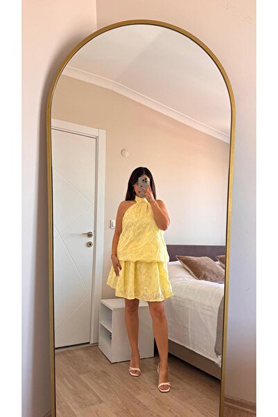 Rosjaune Halter Yaka Sarı Renk Desenli Elbise