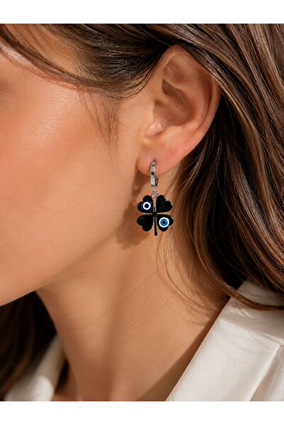 yes ticaret Steel Evil Eye Beaded Clover Hoop Earrings
