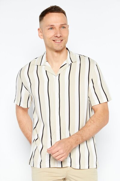 CELIO Men Regular Fit Striped Short Sleeve Casual Shirt, Beige