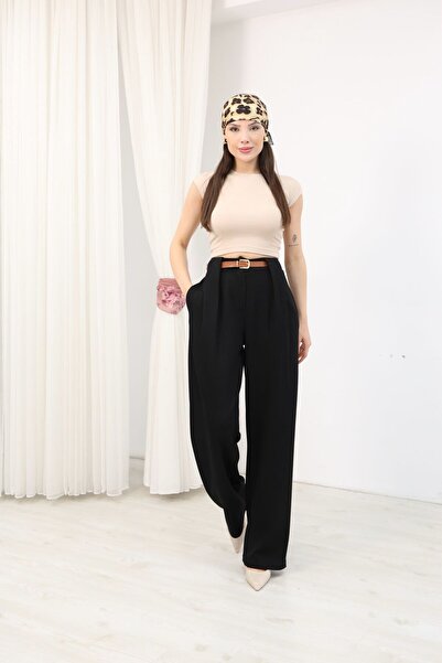 Mersella Calista Women's High Waist Wide Leg Fabric Trousers with Belt Detail...