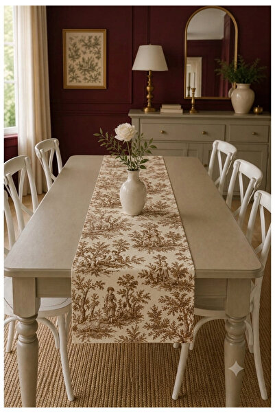 Luxoras Home Sütlü Kahve Fransız Köylü Desenli Duck Kumaş Runner Vintage Coun...