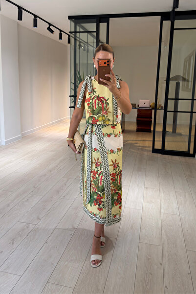 Sezgi Tekin Yellow Patterned Envelope Skirt / Blouse Linen Set