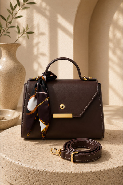 EBRUTESETTÜR Scarf Detailed Hand and Shoulder Bag Bitter Brown