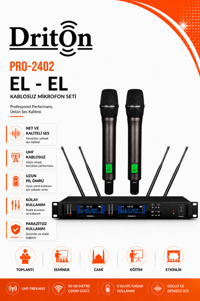 DRİTON PRO-2402 UHF ÇİFT KANAL 2'Lİ KABLOSUZ EL MİKROFON