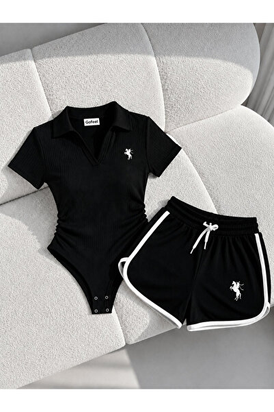 Gofeel Basic Polo Yaka Nakışlı Şort Bluz Takım