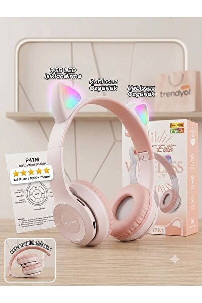 FİOPLUS Kablosuz Bluetooth 5.0 Led Işıklı Kedili Kulaklık Hediye ios Android ...