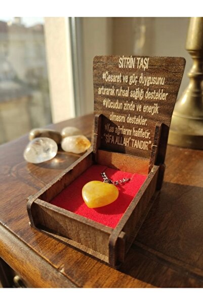 Meneva Aksesuar Citrine Stone Natural Stone Heart Model Necklace with Wooden Box