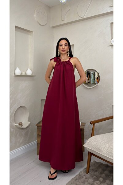 miraylawear FAYE BORDO RENKLİ BOYUNDAN BAĞLAMALI SALAŞ TARZ KADIN MAXİ ELBİSE