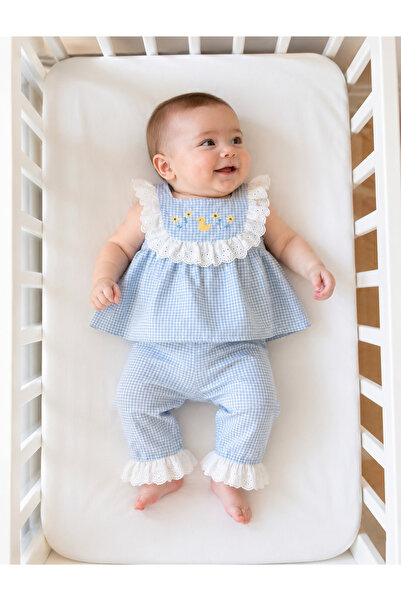 Mert Baby Chick Embroidered Scallop Detailed Double Gingham Set 100% Cotton B...