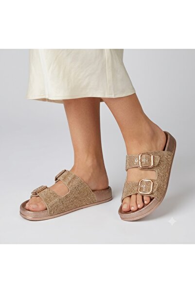 KİNDEP (Pienn)Double Buckle Drop Stone Detailed Daily Women's Slippers Ros