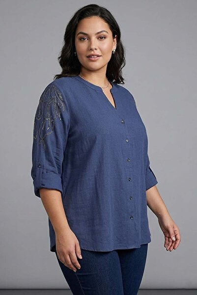 Metpoint Trend42Plus Large Size Stone Printed C-Neck Navy Blue Shirt