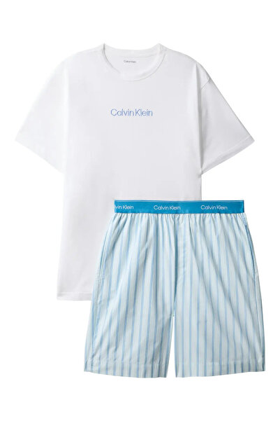 Calvin Klein SS POPLIN SHORT SET Mavi Erkek Pijama Takımı