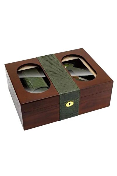 Lubinski Camlı Yılan Deri Ahşap Humidor Puro Kutusu Çakmak-Kesici-Kılıf Set