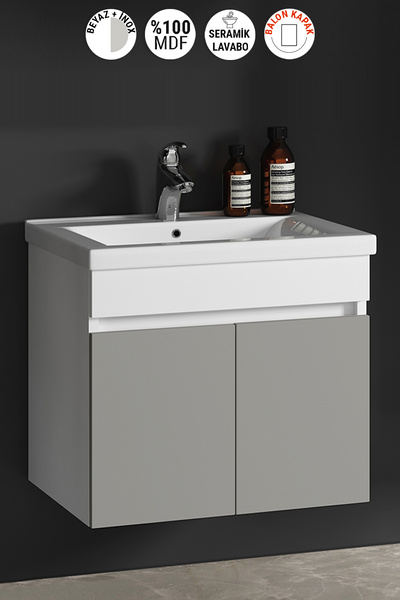 ÖZCEDEN Çiğdem 65 cm Beyaz-İnox Balon MDF Seramik Lavabolu Asma Banyo Alt Dolabı