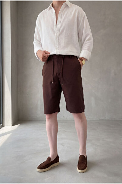 MENOFOURSWEAR Erkek Bel Bağcıklı Regular Fit Old Money Pamuklu Keten Dokuma Şort